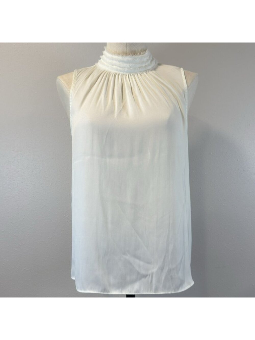 Worthington Petite Sleeveless High Neck White Blouse Size PS Fringe Keyhole Top
